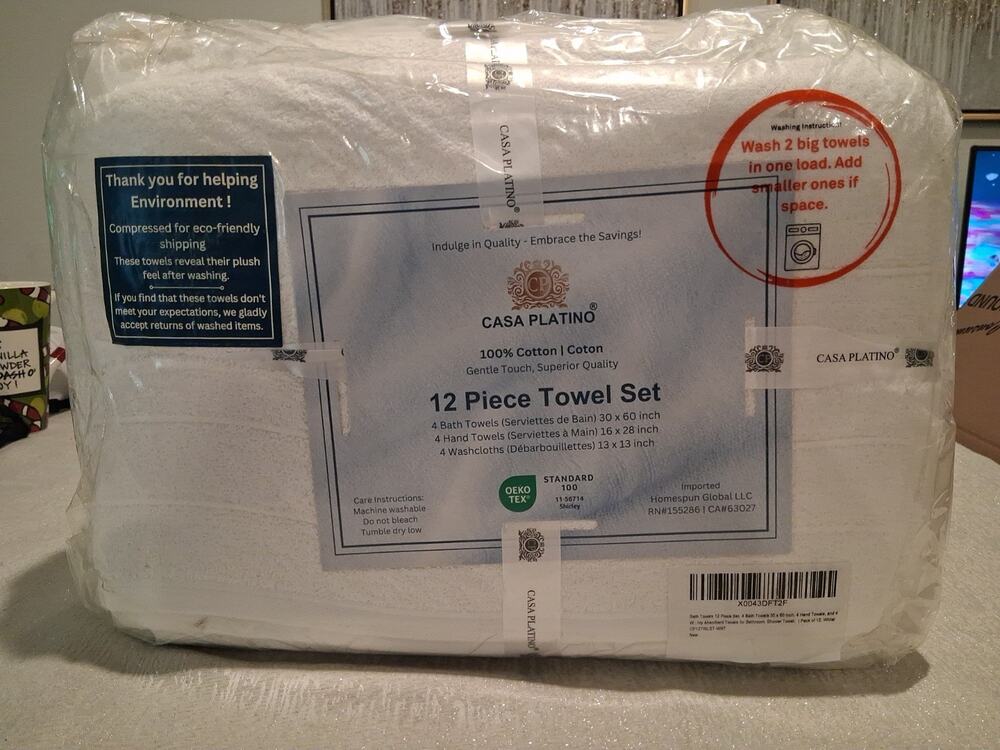 Casa Platino 12 Piece Towel Set 100% Cotton Premium Bathroom Towels White NEW